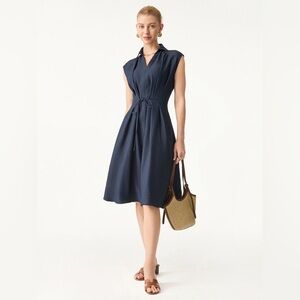 OGL Viscose-Linen Collared V-neck Midi Dress w/ Drawstring in Denim Navy, Large